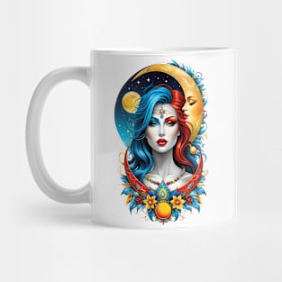 Celestial Harmony: Woman in Sun and Moon Fusion Mug